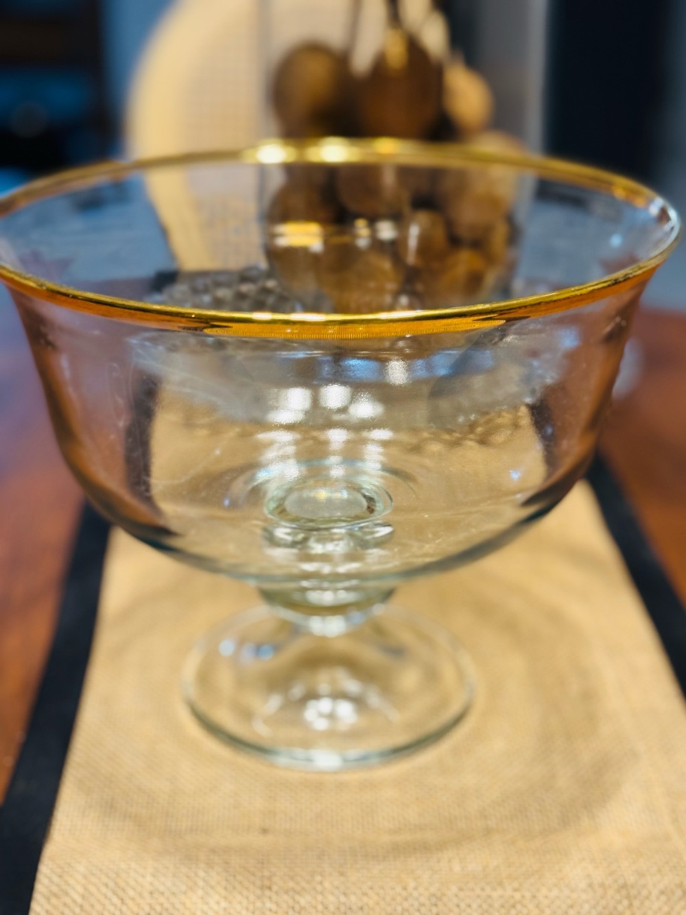Vintage Clear Glass Pedestal Trifle Bowl Flared Compote Dish with Elegant Gold R